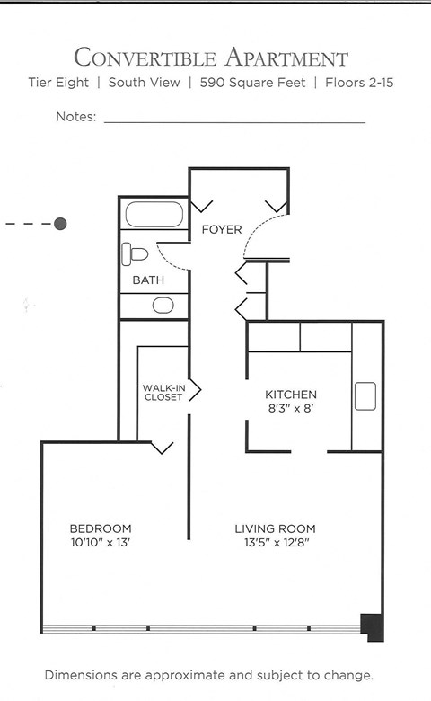 Floor plan for 1 bed, 1 bath, 563 sqft